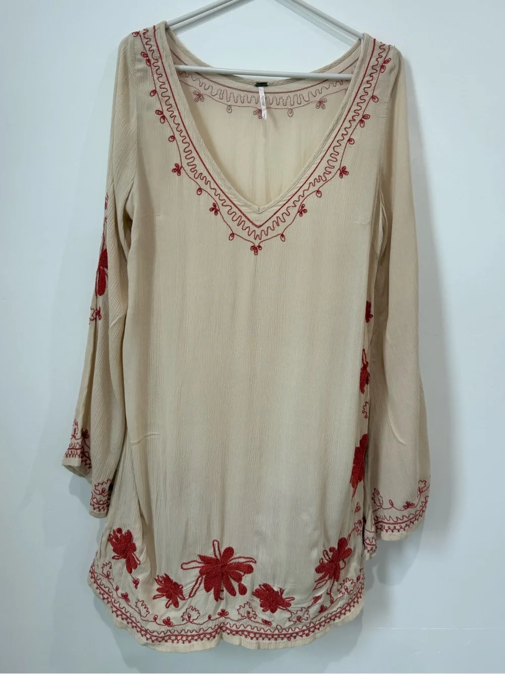 Free People Cream Swim Coverup Tunic with Coral Embroidery